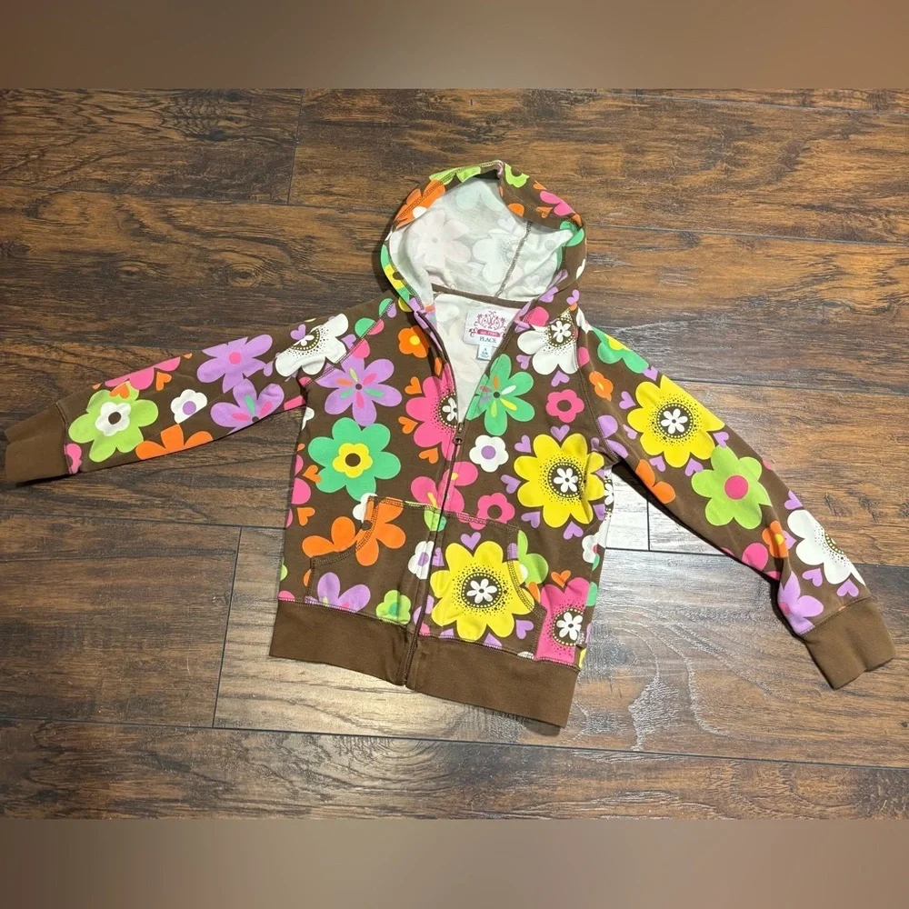 *‎ THE CHILDREN’S PLACE Brown Floral Print Zip Front Hoodie Sweatshirt Girls 5-6